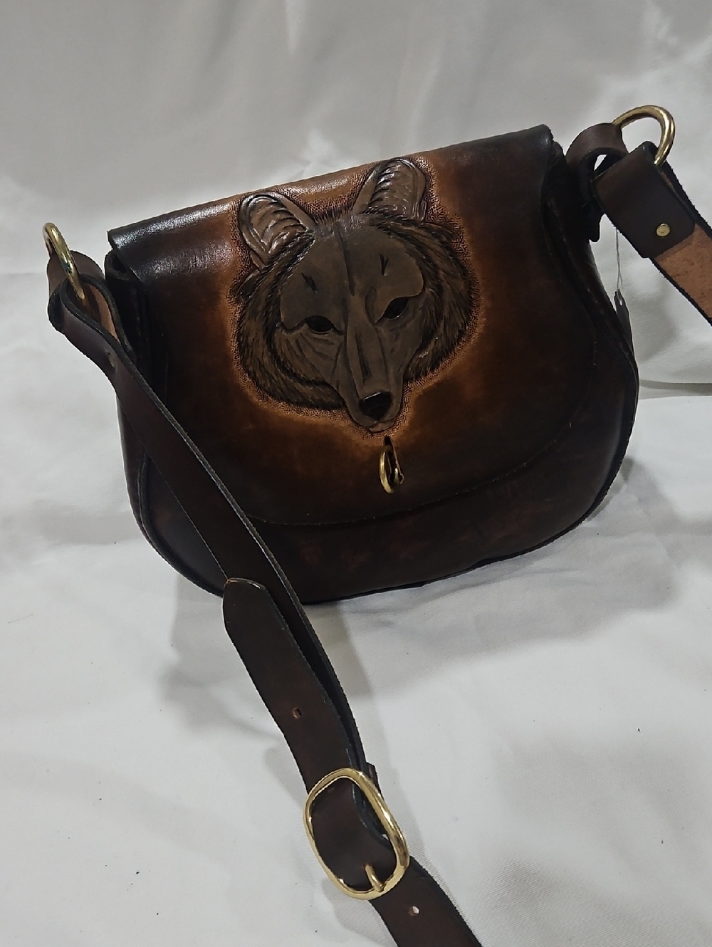 Handcrafted Brown Leather Crossbody Bag with Wolf Embossing